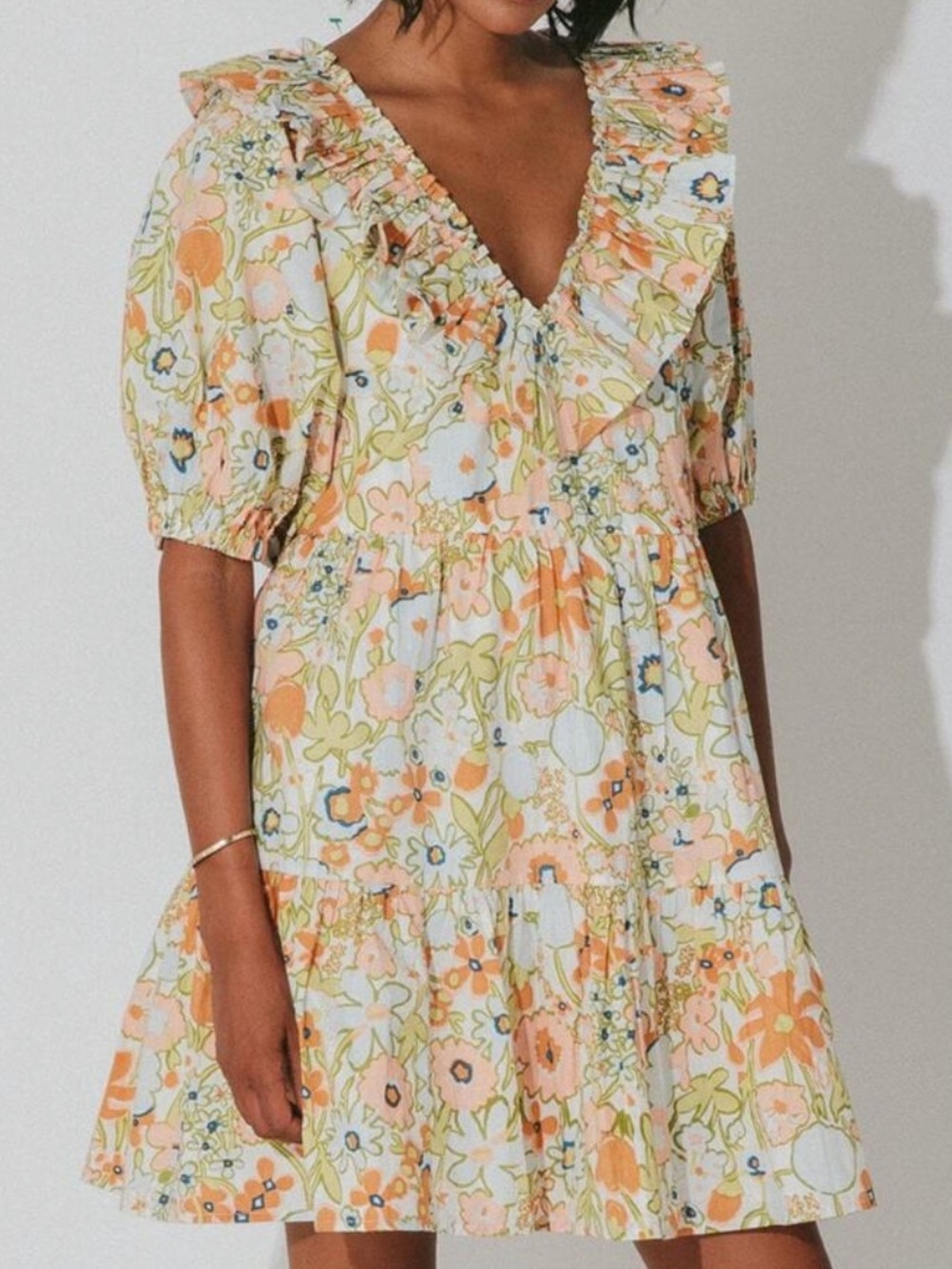 CLEOBELLA WOMENS FARRAH COTTON FLORAL MINI DRESS PUFF SLEEVE LARGE